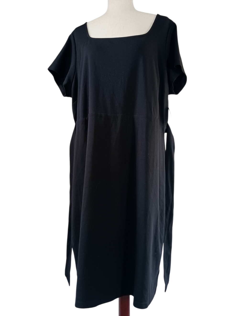Cotton Dress Tie Waist Short Sleeve Square Neckline Stretch Black Size 2X NEW - Picture 4 of 13